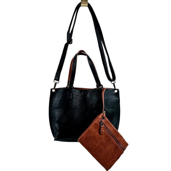 Bass Handbags - Bass Womens Tote Black Pebbled Faux Leather Shoulder Bag Option Coin Purse